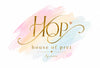 A digital logo design for 'HOP house of pret' by 'sana', featuring elegant gold cursive lettering over a soft pastel watercolor background of pink, peach, and light blue on a white canvas.